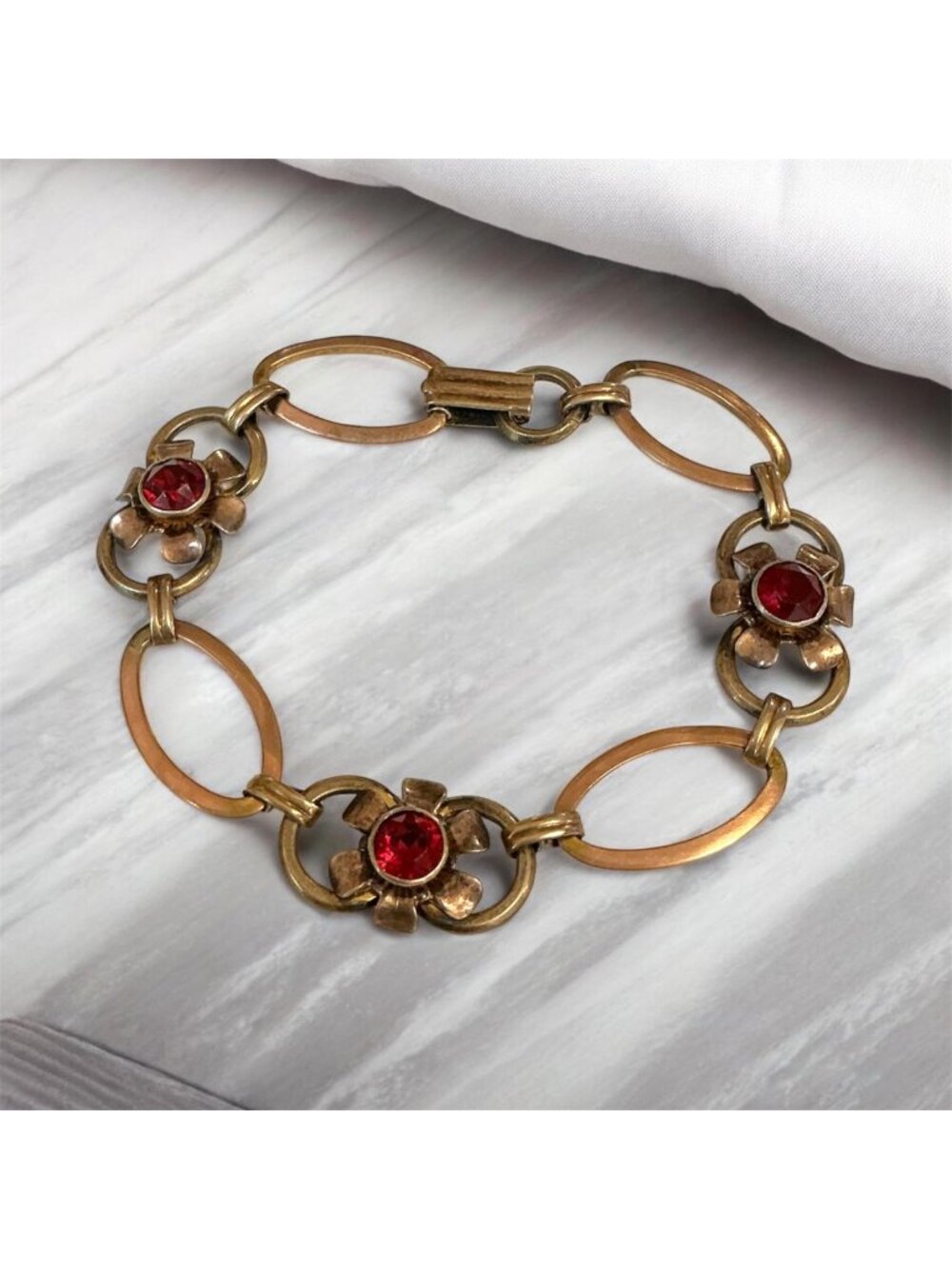 Vintage Van Dell 12k Gold-Filled Sterling Silver Flower Bracelet 7" With Red Rhi